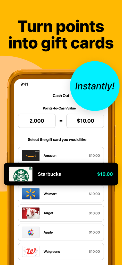 Frisbee app interface showing points conversion to gift cards for retailers like Amazon and Starbucks