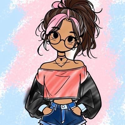 girl with a messy ponytail glasses a baggy crop top and jean shorts