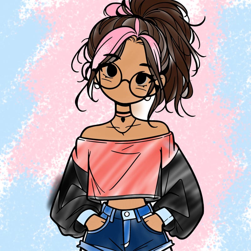 girl with a messy ponytail glasses a baggy crop top and jean shorts