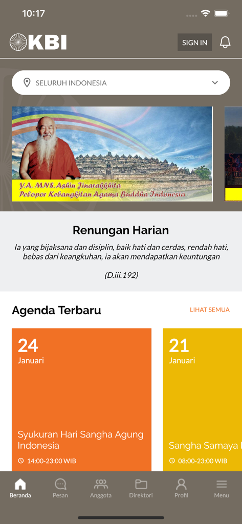 The home screen of the Buddhayana app showing religious reflections and upcoming community events