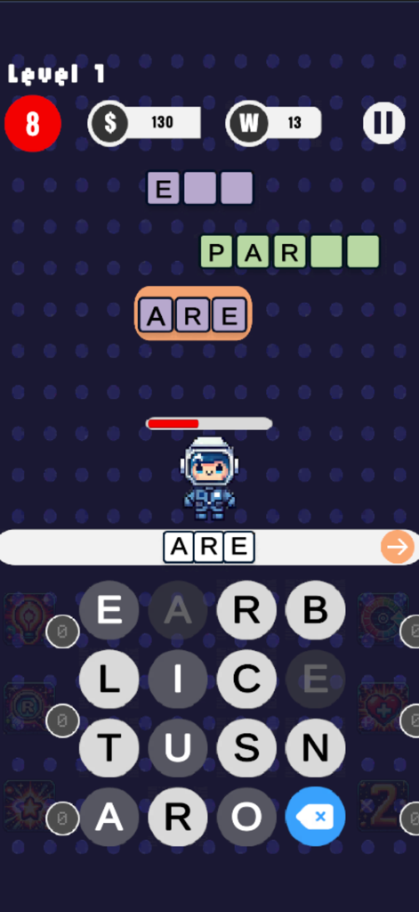 Word Blast: Word Puzzle Games - Jugabilidad de Word Blast con una cuadrícula de puzzle de palabras y un astronauta de arte de píxeles