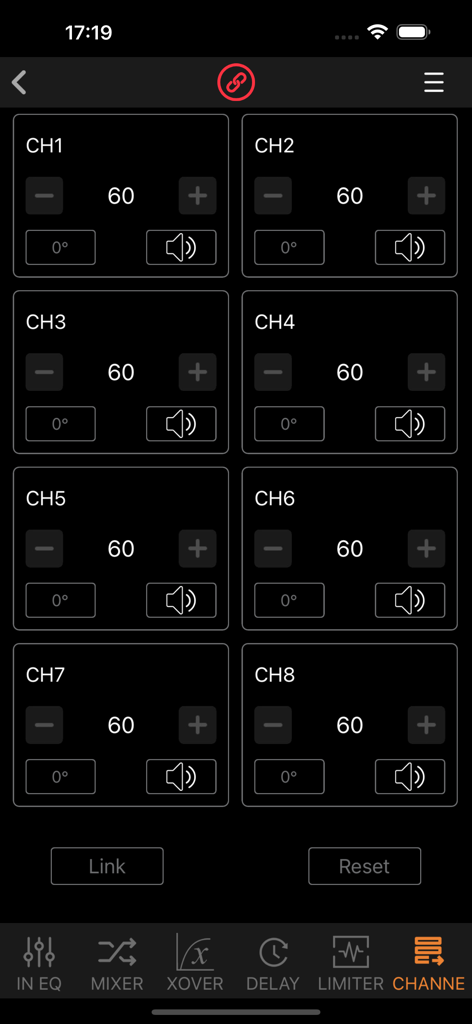 SP480 - Interfaz de control de canal DSP de audio para coche SP480 que muestra los niveles de salida de 8 canales y los controles de fase