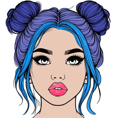 realistic girl with two buns on her hair and lips