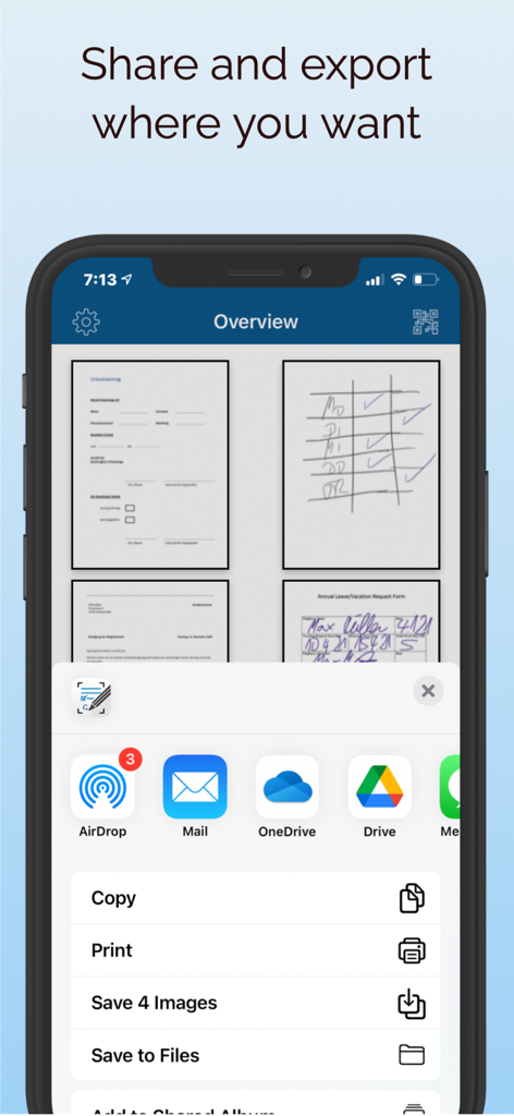 ScanBox – PDF Scanner & OCR - iPhone-Bildschirm, der das ScanBox App-Freigabemenü mit Optionen zum Exportieren gescannter PDFs über AirDrop und Cloud-Speicher anzeigt