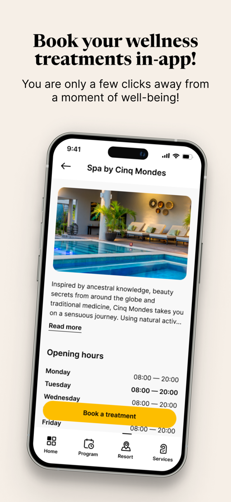 My Club Med - Interfaz de la app Mi Club Med para reservar tratamientos de spa y bienestar en un resort.