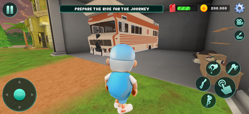 RV Camper Journey to the Top - A character preparing an RV for a road trip in a garage scene
