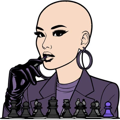 realistic bald asian female who wears suits and gloves and wearing hooped earrings while wearing lipstick, while playing chess