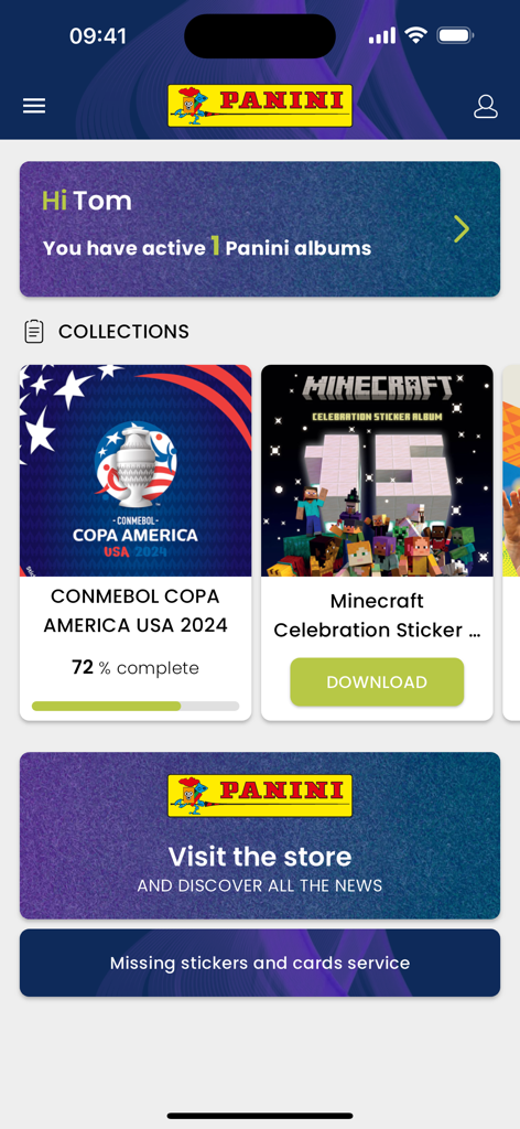 Panini Collectors - Panini Collectors app dashboard showing sticker collections and completion progress