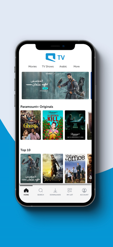 Mobily TV - Home screen of Mobily TV app showing featured movies and TV series including Paramount+ Originals.