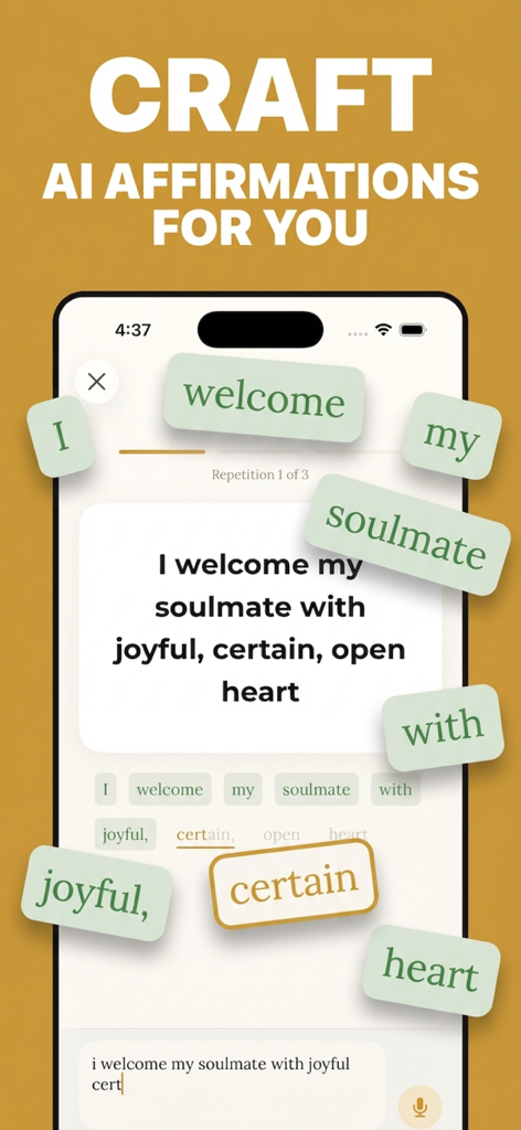 Manifest AI-Daily Affirmations - Interface of the Manifest AI app showing a personalized daily affirmation for attracting a soulmate