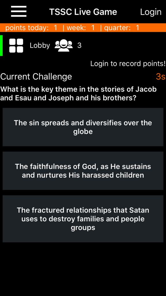 Interface of The Sabbath School Challenge showing a Bible trivia question about Jacob and Esau with multiple choice answers