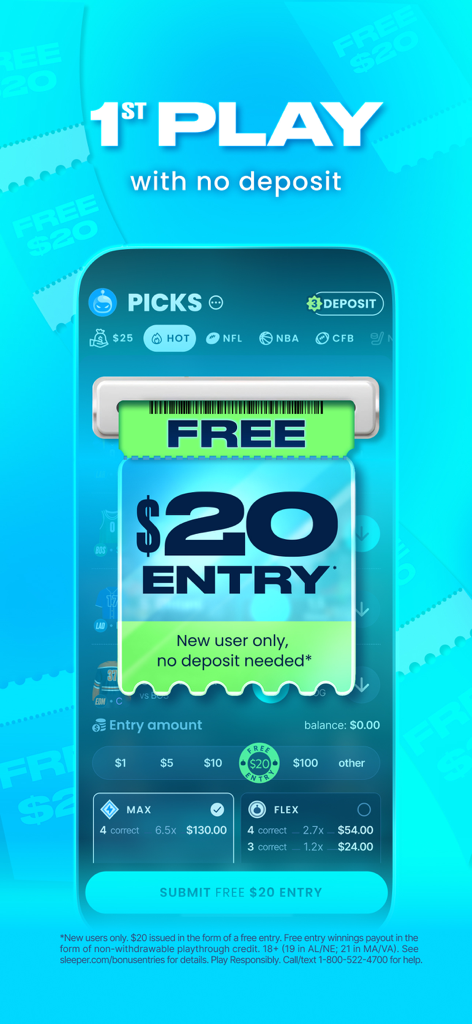 Sleeper app promotional screen offering a free twenty dollar entry for new users on their first play with no deposit required