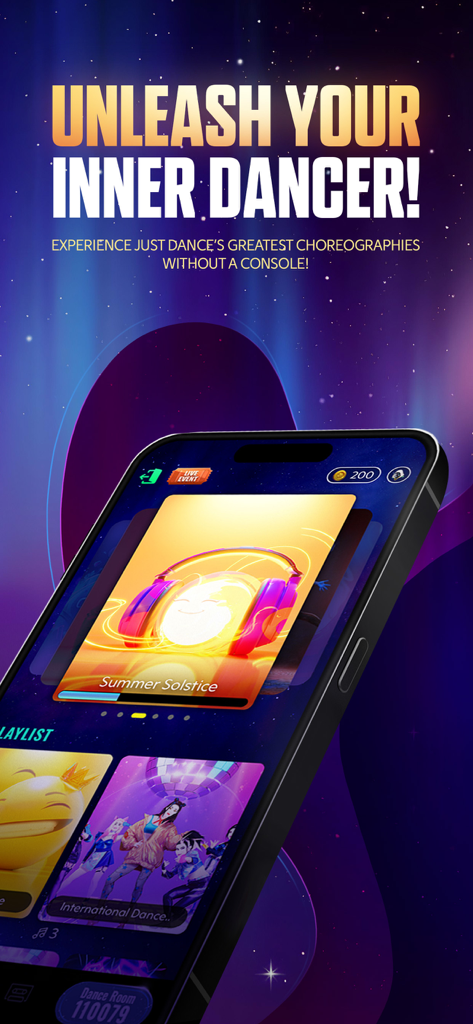 Tela de smartphone exibindo a interface do aplicativo Just Dance Now e playlists de música