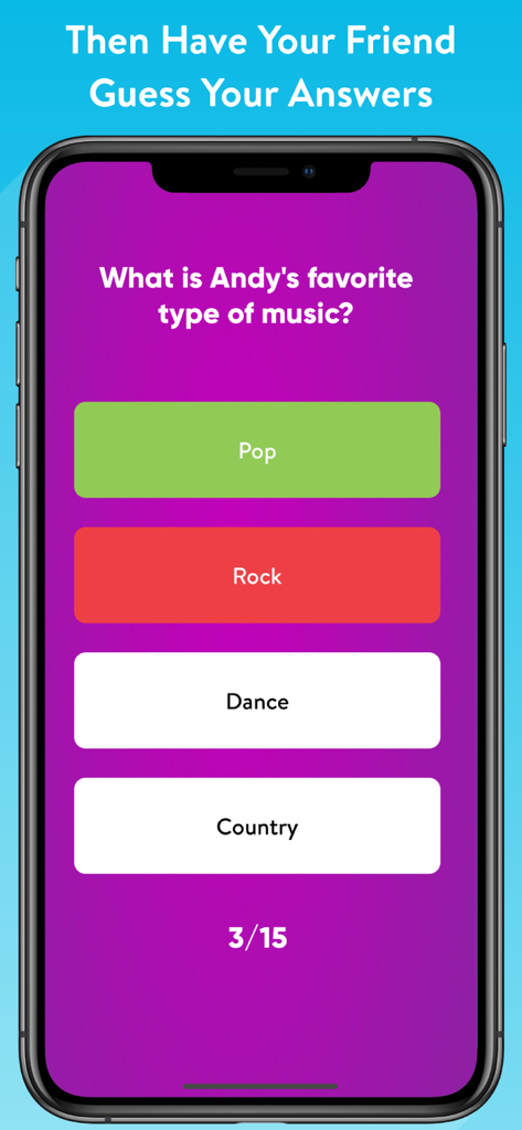 How Well Do You Know Me? - A mobile app interface showing a multiple-choice question about a friend's favorite music genre.