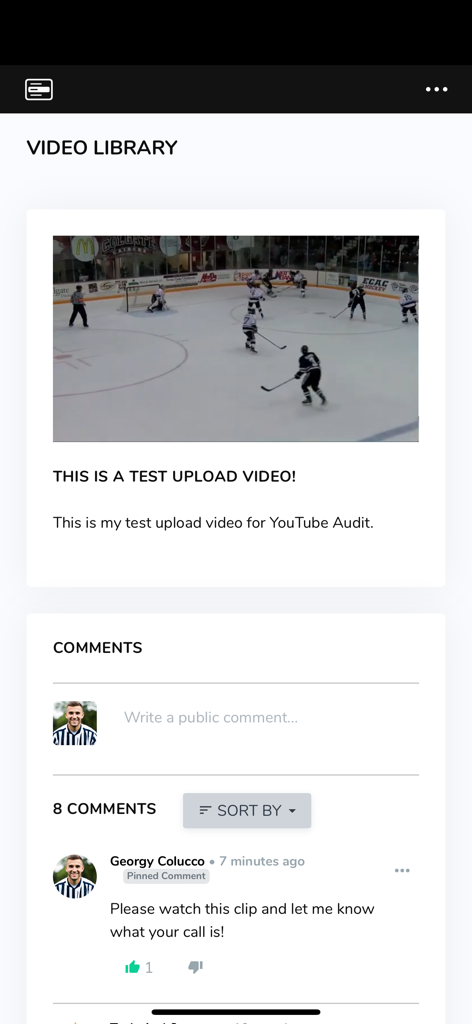 HorizonWebRef.com - HorizonWebRef app video library showing an ice hockey game clip with a referee comment section for rule discussion.