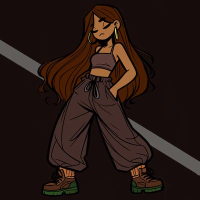 girl in baggy pants crop top and long hair