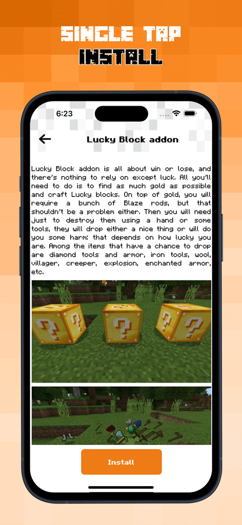 New Lucky Block Mod for MCPE - Pantalla de la aplicación que muestra detalles sobre el complemento Lucky Block para Minecraft con un botón de instalación y texto descriptivo