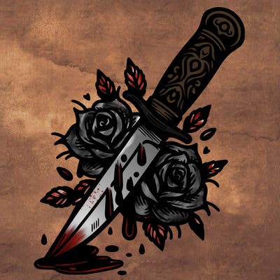knife with roses and thorns and blood