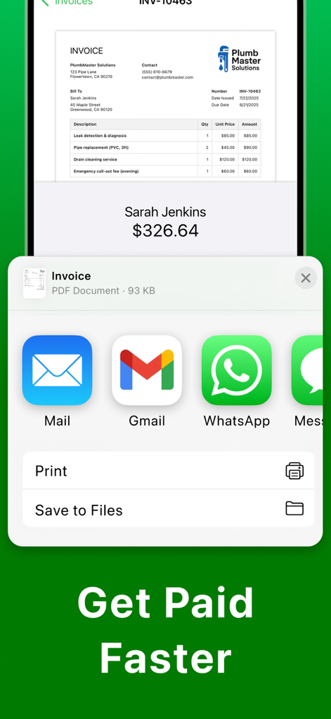 WhatsApp 및 이메일을 통해 전문 PDF 송장을 공유하는 옵션을 보여주는 iPhone 화면과 함께 '더 빨리 대금 받기'라는 캡션.