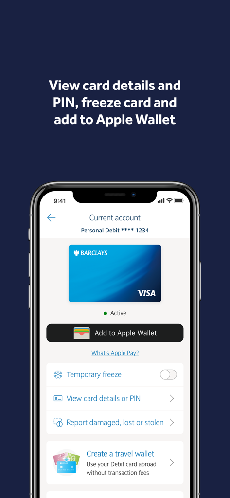 Barclays UK - Barclays UK App Benutzeroberfläche, die Kartenverwaltungsfunktionen wie die Apple Wallet-Integration und das vorübergehende Einfrieren der Karte zeigt