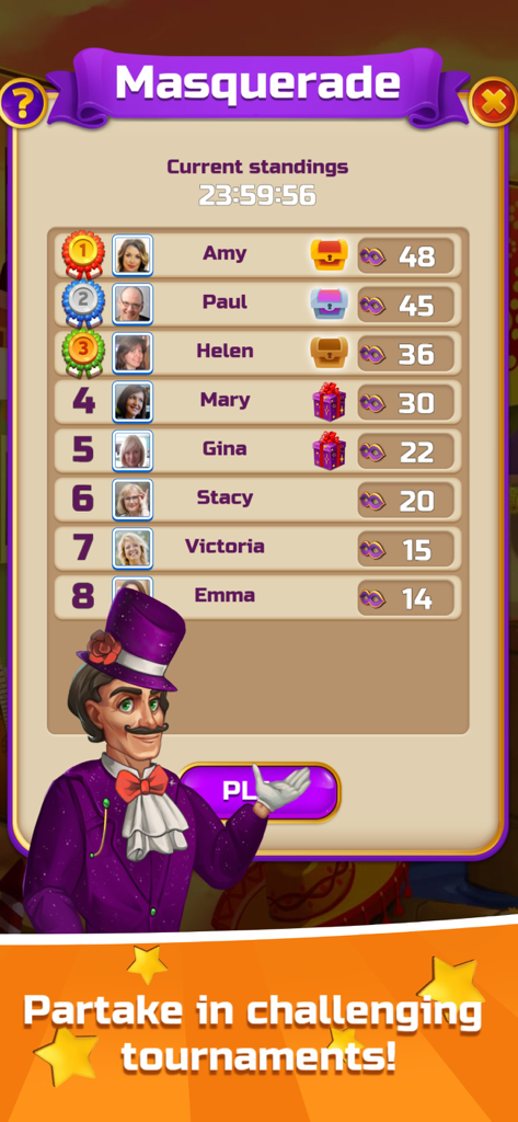 Leaderboard for the Masquerade tournament in the Circus Words game showing player rankings and rewards