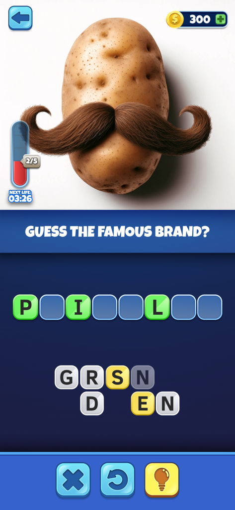 Una captura de pantalla del juego Trivia AI que muestra una patata generada por IA con un gran bigote como pista para adivinar una marca famosa