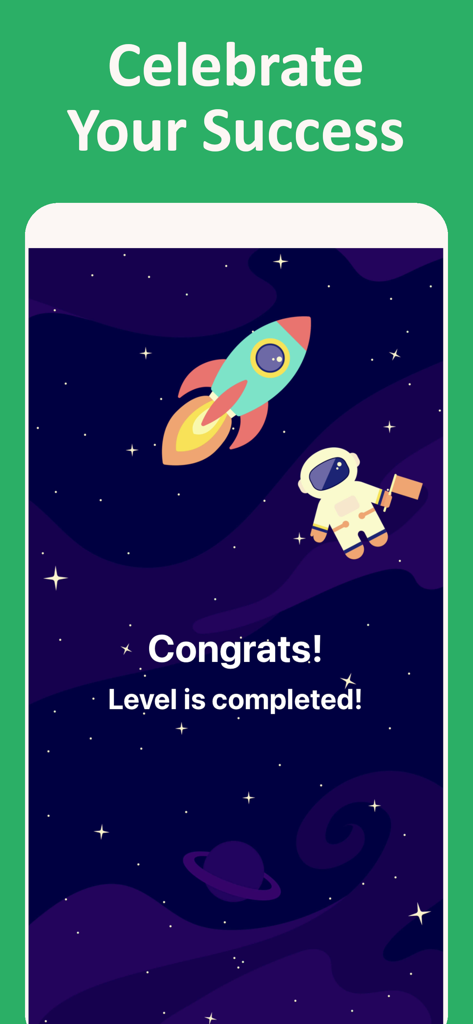 Level completion screen in the 50 States geography app featuring an astronaut and rocket in space