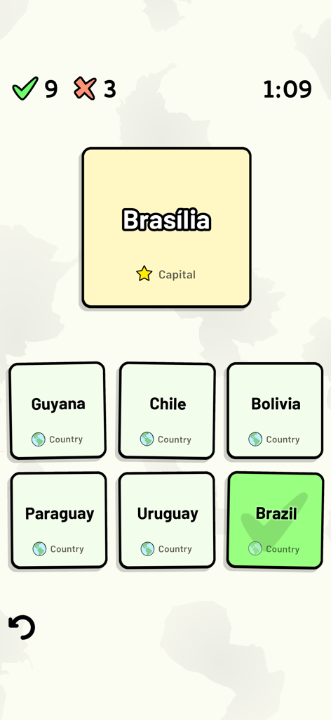 Educational quiz screen showing a question for the capital city of Brasilia with Brazil correctly selected as the answer.
