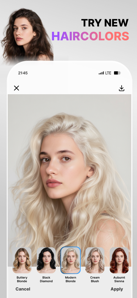 Interface do aplicativo Visio mostrando o recurso de teste de cor de cabelo com IA com várias opções de filtro