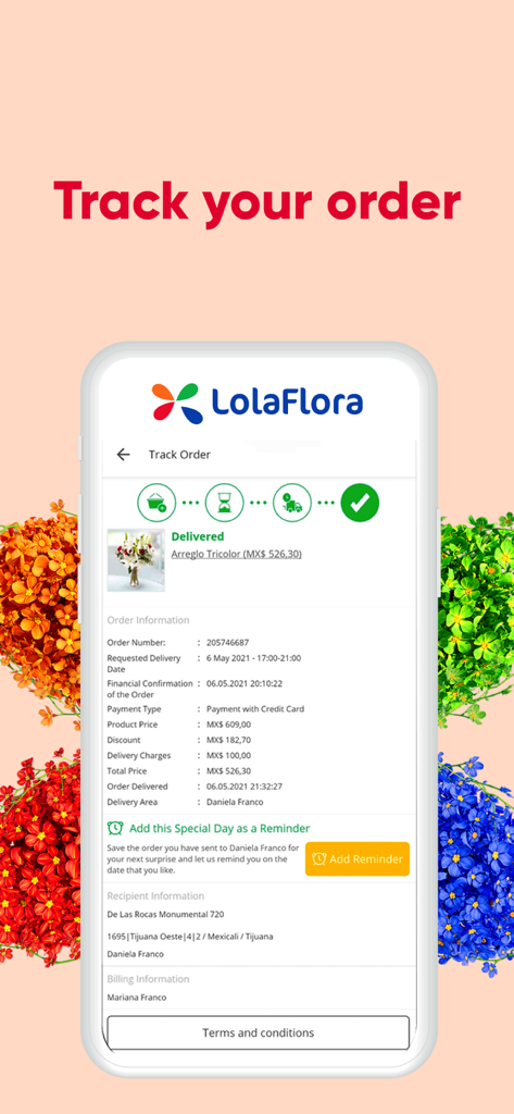 LolaFlora - Flower Delivery - Tela do aplicativo LolaFlora mostrando o rastreamento de pedidos para entrega de flores