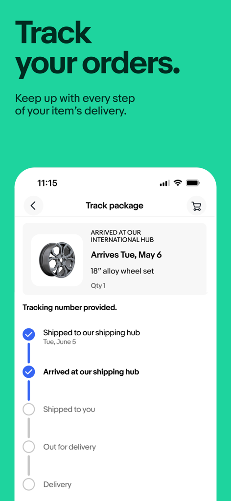 eBay mobile app interface showing real-time package tracking for an alloy wheel set