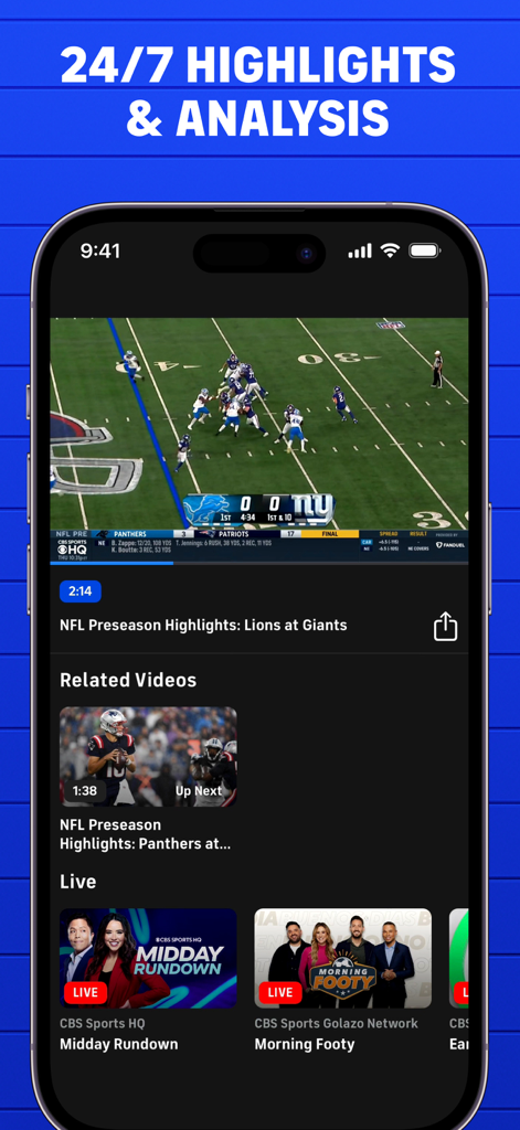 Smartphone screen displaying CBS Sports app with NFL highlights and live sports news channels