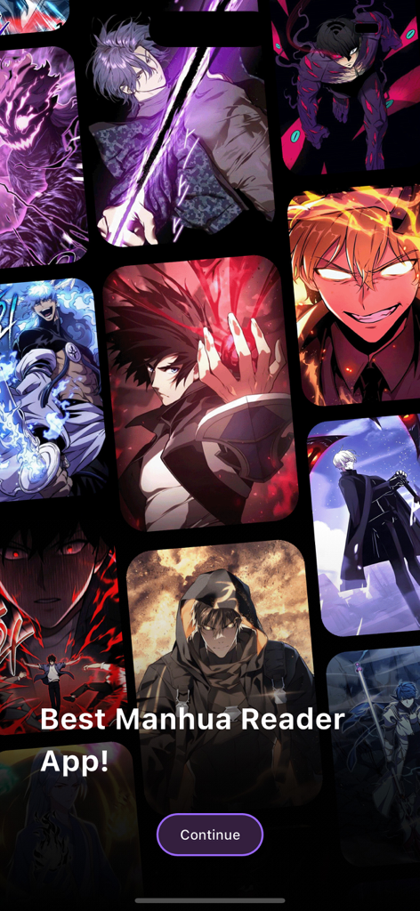 Cmanhua - Welcome screen of Cmanhua app featuring a collage of action and fantasy manhua characters with a continue button