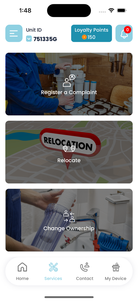 My Coolpex - My Coolpex app services screen displaying options to register a complaint, relocate the device, or change ownership.