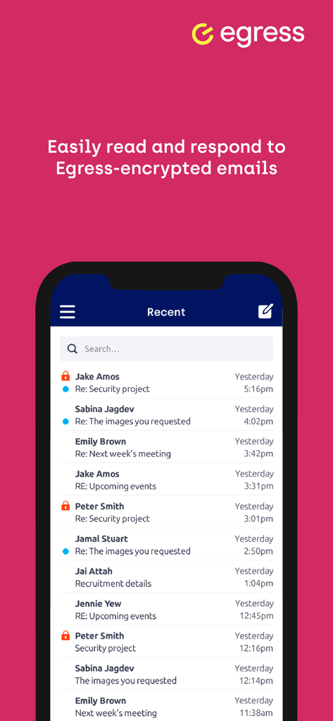 Mobile interface of Egress Secure Mail showing a list of encrypted emails in the Recent folder.