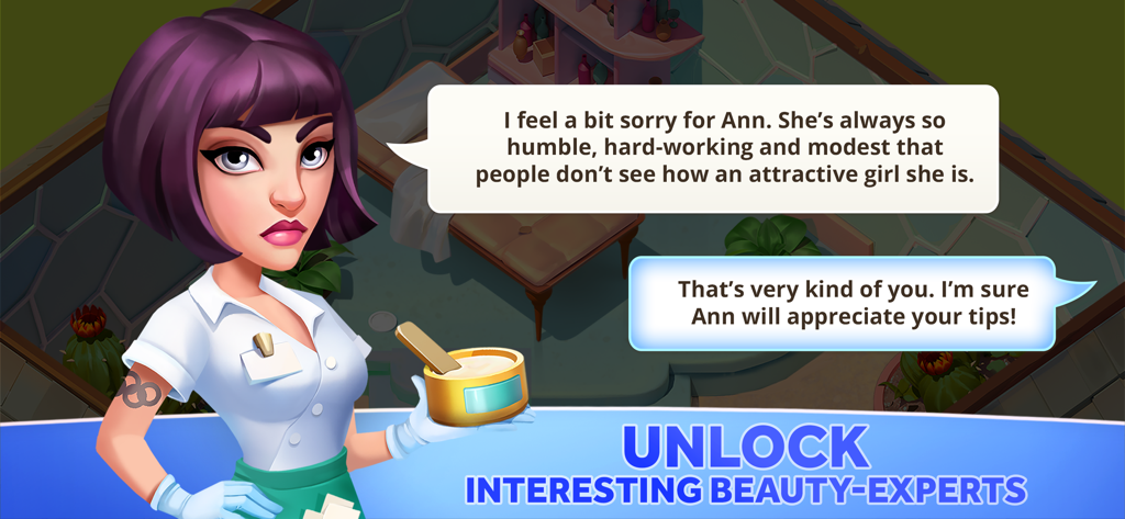 My Spa Resort - 紫色の髪をした女性ビューティーエキスパートが、My Spa Resortでキャラクターのセリフ吹き出しとともにスパ製品ボウルを持っている