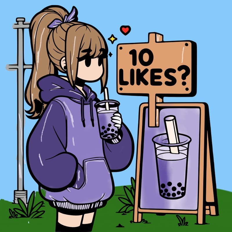 girl with oversized hoodie drinking boba and she has a high ponytail with a sign that says 10likes?