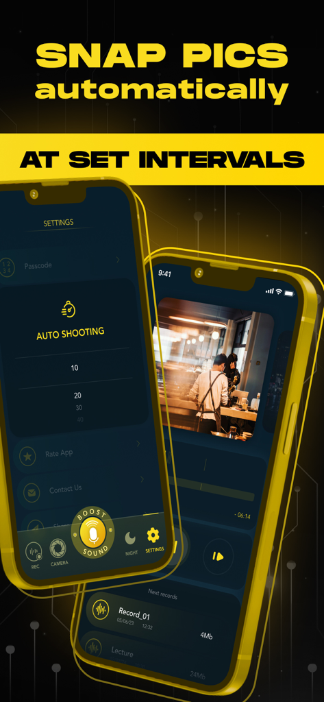 Ear Spy Apps - Super Hearing - Ear Spy app interface showing automatic photo capture settings and time interval selection