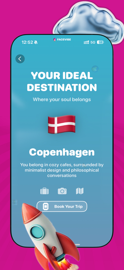 FaceVibe AI - get analyzed - FaceVibe AI app screen showing Copenhagen as the user's ideal soul destination.