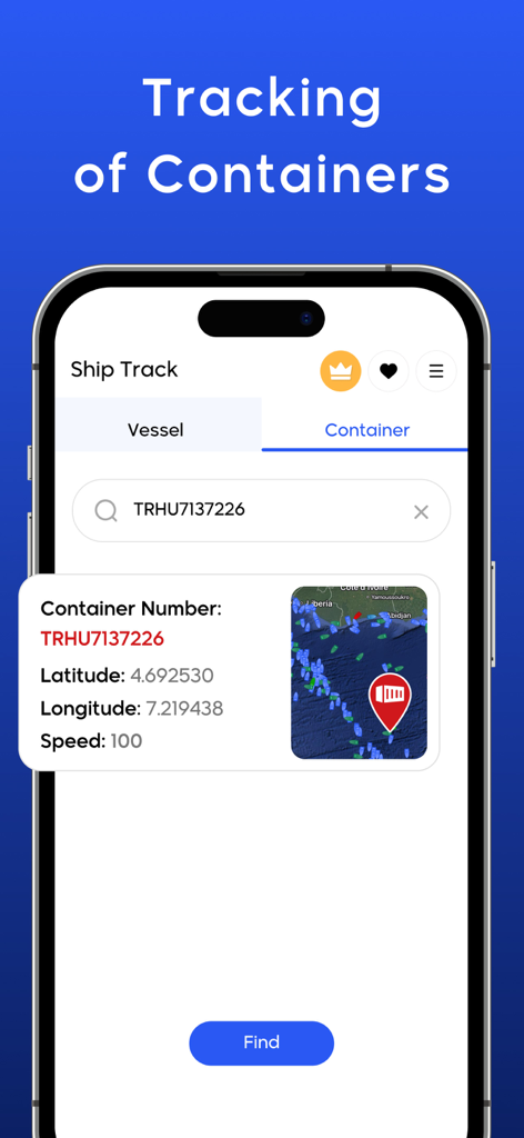 A screenshot of the My Ship Tracker and Finder app interface showing how to track a shipping container using a tracking number with real time location and coordinates.