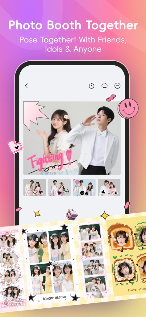 Licowa app screen showing the Photo Booth Together feature with idol stickers and creative photo collage templates