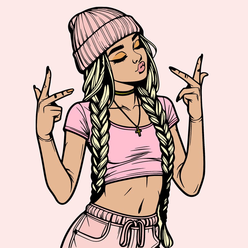 realistic teenage girl with braids and a beanie and crop top doing 🫶🏼
