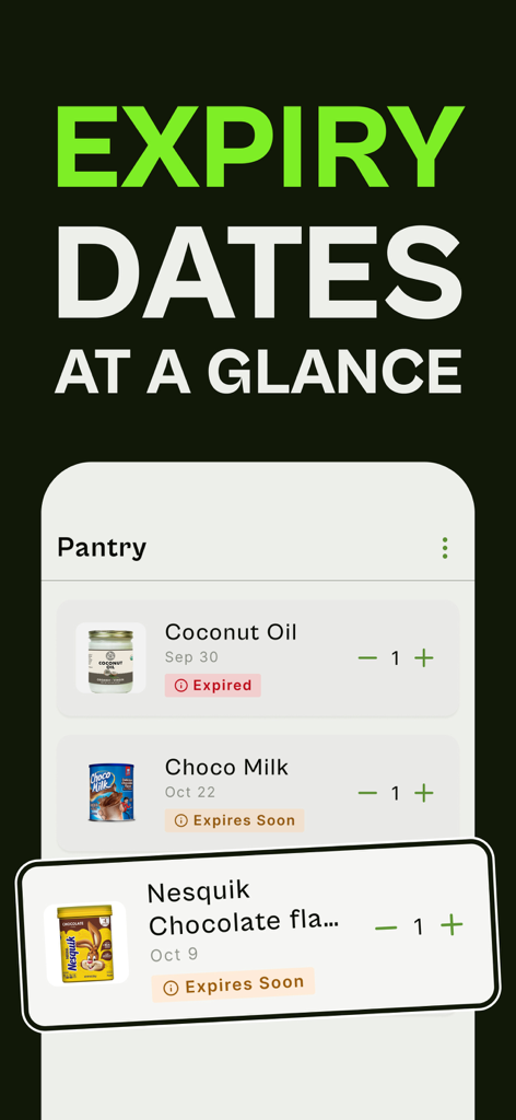 A mobile app screen showing a list of pantry items with their expiration dates and quantity tracking buttons.