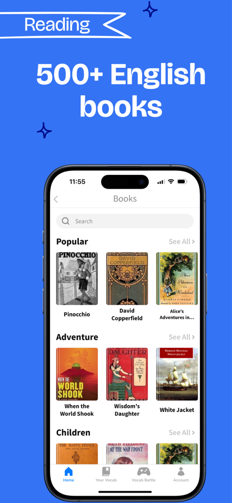 4English - Daily English Vocab - 4Englishアプリのインターフェース。言語学習用の500冊以上の英語書籍が収められたライブラリが表示されています。