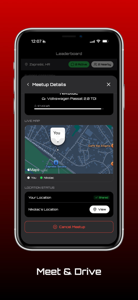 RedLine app screen showing car meetup details with a live map and location sharing
