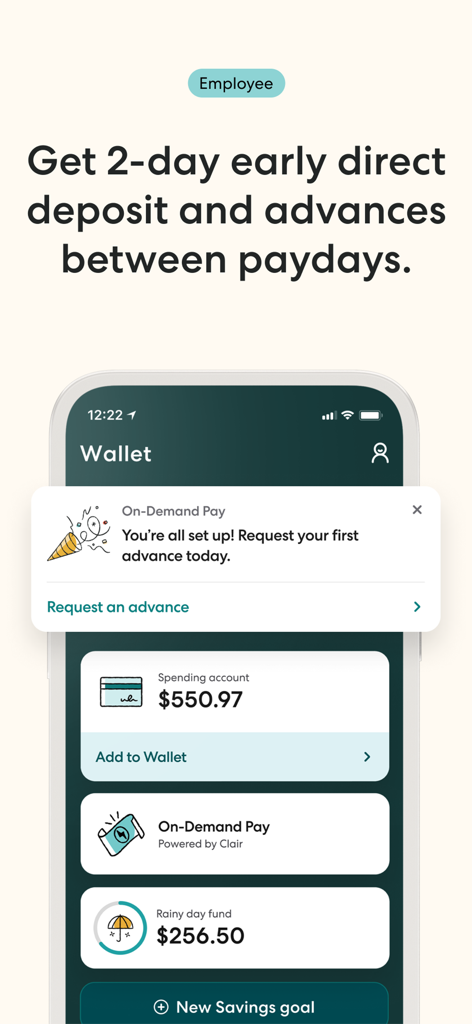 Gusto Mobile - Gusto Mobile app wallet interface showing early direct deposit and employee spending account balances