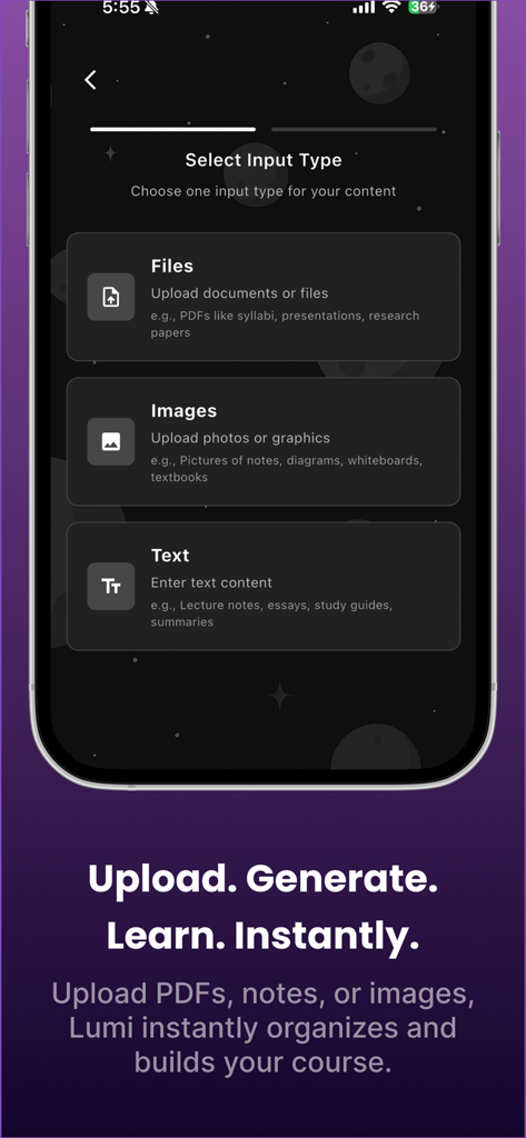 Tela do aplicativo Lumi mostrando opções de upload de arquivos, imagens e textos para aprendizado com IA