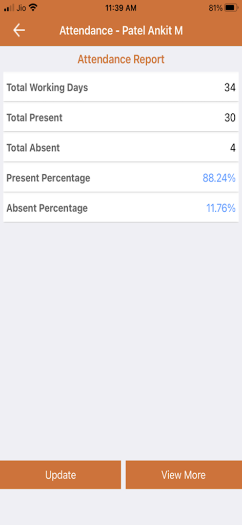 Anwesenheitsberichtsbildschirm, der Anwesenheits- und Abwesenheitsstatistiken von Schülern mit Prozentsätzen anzeigt.