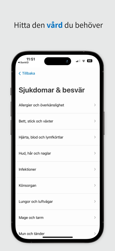 Alltid öppet - Screenshot of the Alltid öppet app showing a menu of medical categories and symptoms such as allergies, infections, and digestive issues.