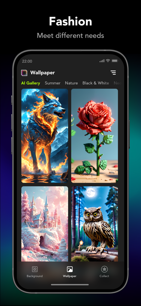 Tela de smartphone mostrando a Galeria de IA do aplicativo Lumi HD Wallpaper com designs artísticos como um lobo em chamas e uma rosa vermelha